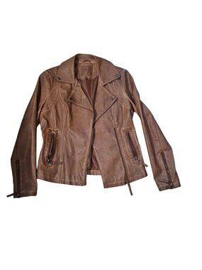 Max Studio Womens Brown Faux Leather Moto Jacket XS With Zipper Details